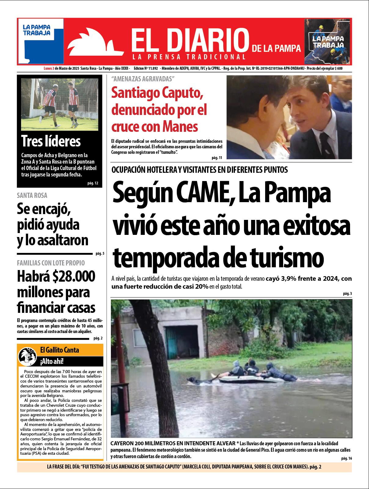 Tapa de El Diario en papel  lunes 03 de marzo de 2025